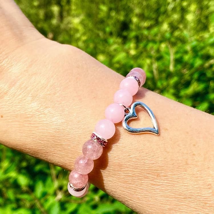 Kristallpunkten Rosenkvarts, Jordgubbskvarts (Hjärta) 8mm pärlor Armband