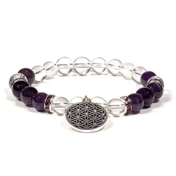 Kristallpunkten Bergkristall, Ametist (Livets Blomma) 8mm pärlor Armband