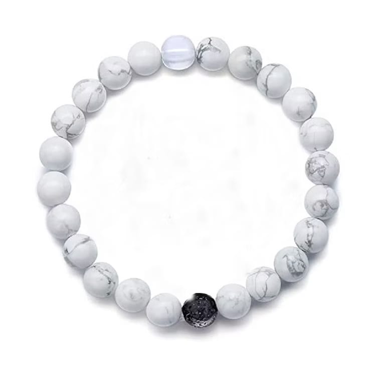 Kristallpunkten Howlit Vit, Lavasten, Bergkristall 8mm pärlor Armband 'Större Handled'